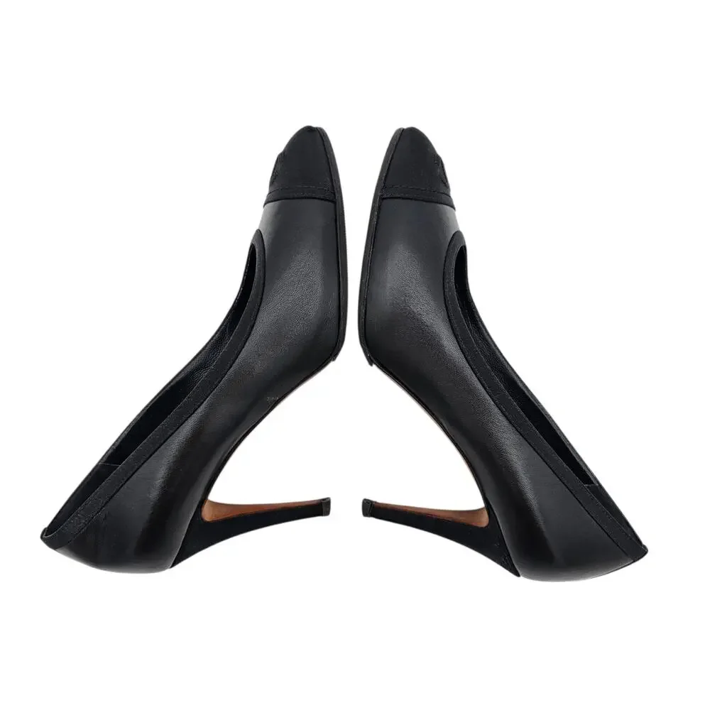 Chanel CC Cap Toe Black Leather Heel Pump Classic Grosgrain Size 38.5 7.5 8